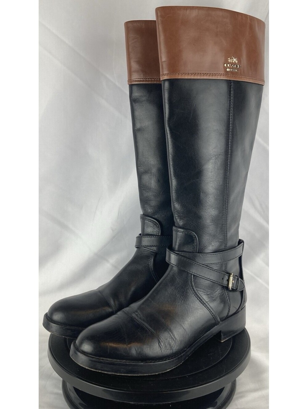 Women’s 7.5 B Coach Elm Black Brown Leather Riding Boots Two Tone Ankle Strap